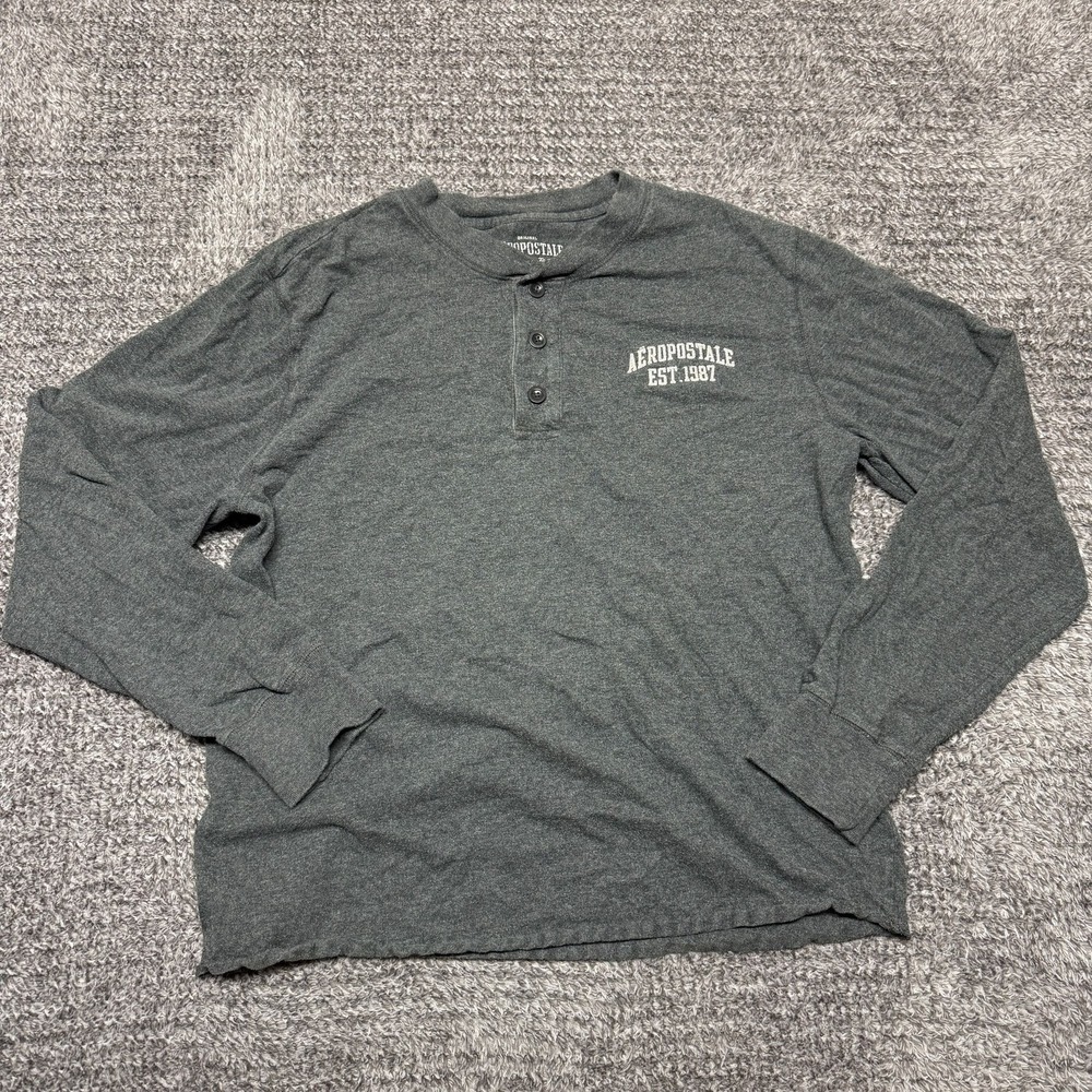 Aeropostale Mens Henley Shirt Size L Gray Long Sleeve Authentic Fit 1987‎ Cotton